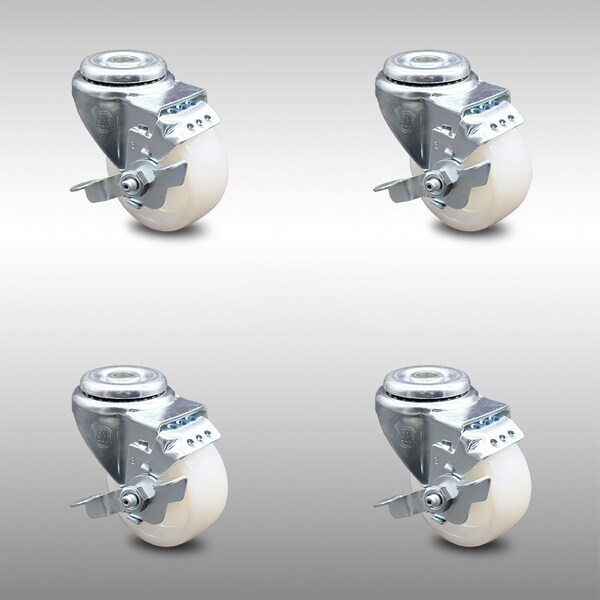 3 Inch SS Nylon Wheel Swivel Bolt Hole Caster Set with Brake